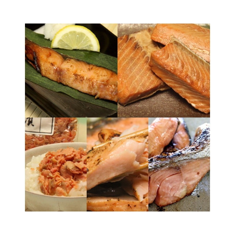 「鮭のまち」　村上の特産品 鮭ギフト　鮭づくし5点セット / 塩引き鮭・鮭の焼漬け・鮭の味噌漬け・鮭茶漬け・塩引き鮭カマ / 贈答 お中元 お歳暮 お礼 お祝い 内祝い 法事 お返し のし対応