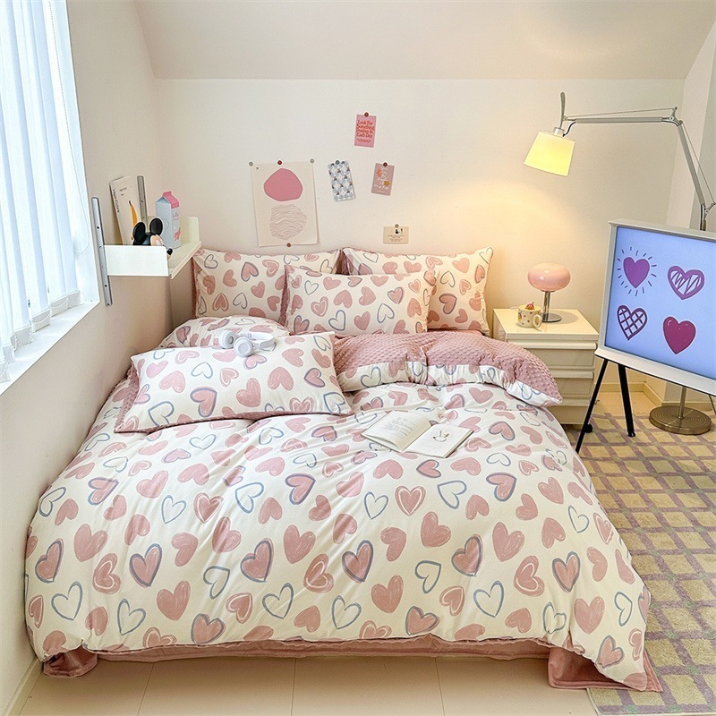 韓国風ビーニーベルベットキルトカバーシングル冬腹部ミルクコーラルベルベットキルトカバー片面ベルベットピンクキルト4点セット