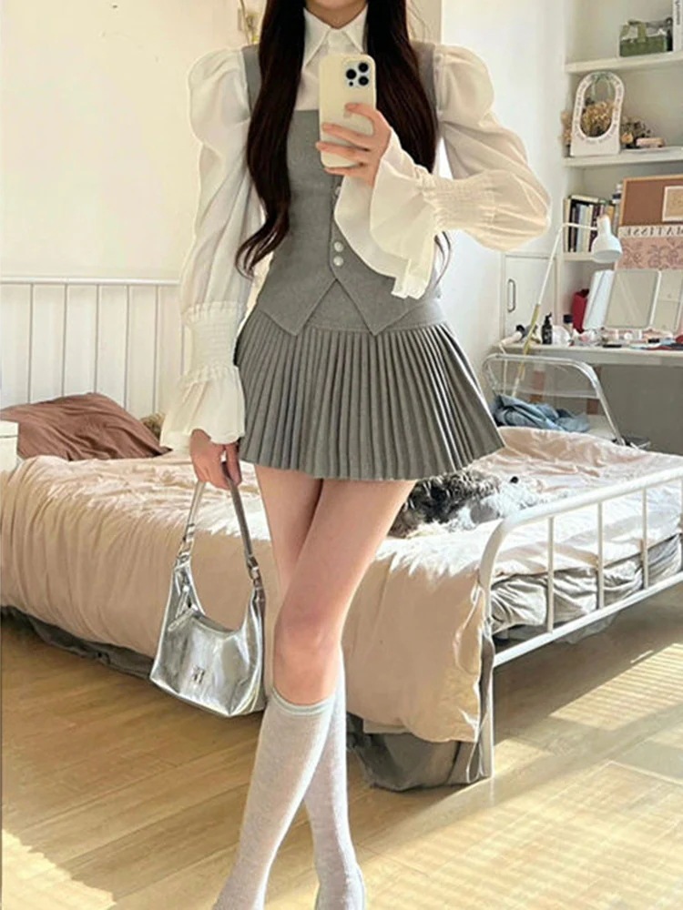 カレッジスタイル JK 制服セット レディース 春秋 高品質長袖シャツ スリミングベスト ハイウエストプリーツスカート 3点セット