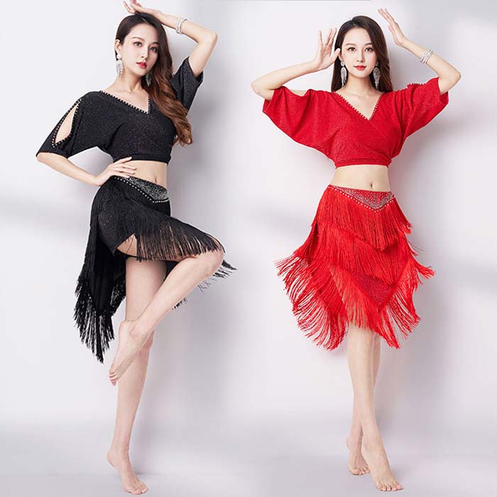 【 迅速な出荷 】ベリーダンス 衣装 シースルー 練功服 上下セット Vネック ダンストップス へそ出し 肩出し スパンコール フリンジ ダンススカート 膝丈 タッセル 飄逸 レッスン着 競技着 ベリ