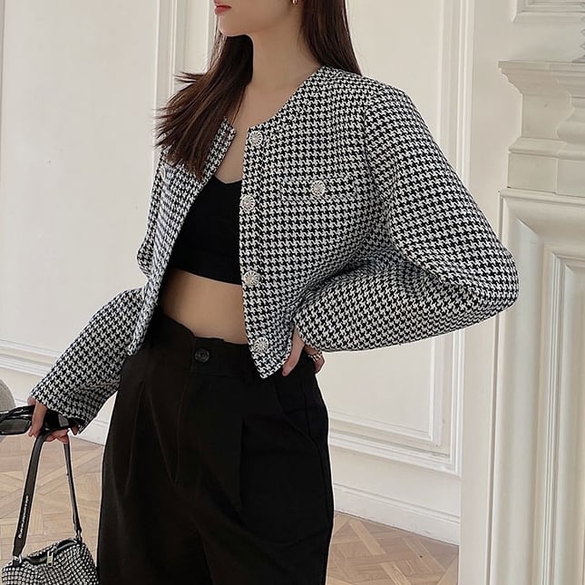 ジャケット レディース ノーカラージャケット チェック 千鳥格子 モノトーン ビジューボタン ガラス ツイード クルーネック ショート丈 パフスリーブ バイカラー アウター クロップ丈 lout005 5,779円