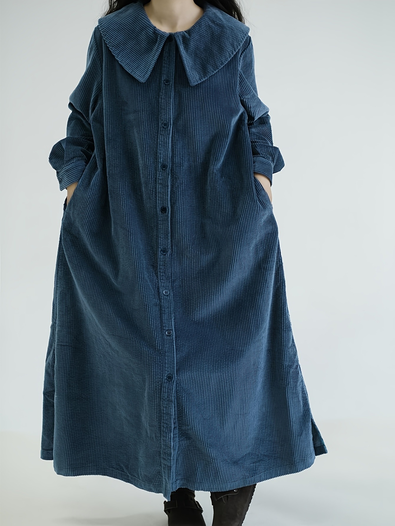 コーデュロイワンピース レディース 春秋冬 ロング ネイビー 襟付き 長袖 ワンピース 無地 ポケット おしゃれ きれいめ ゆったり 着痩せ 薄手 気質 韓国風 大人 ガーリー カジュアル 柔らか 手
