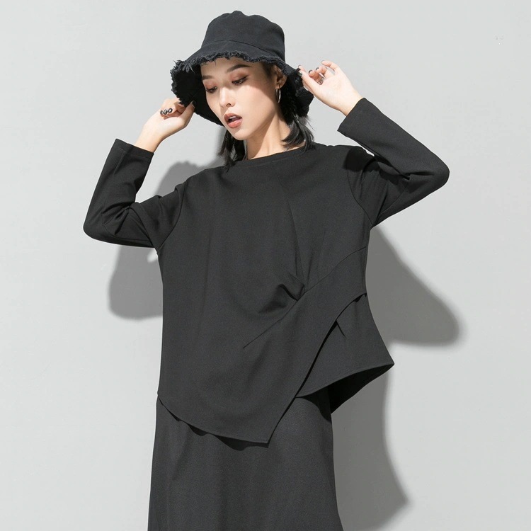 欧米新型の暗い冷淡な個性長袖のtシャツ不規則なレディースブラック大きいサイズ長袖ブラウス