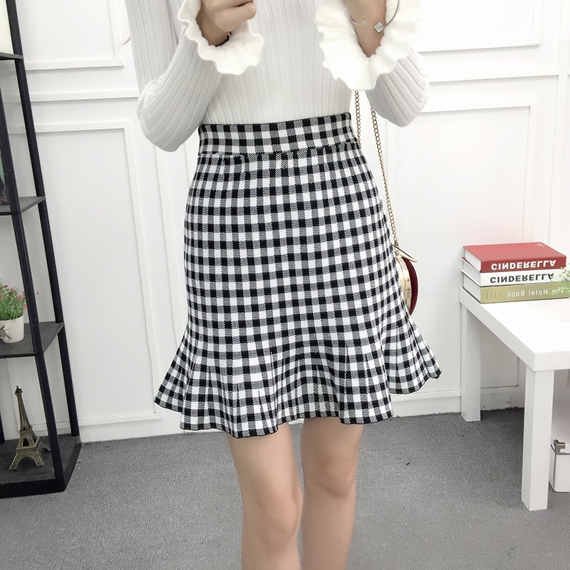 3026.春秋に チェック柄ハイウエスト膝丈スカート（ブラック）