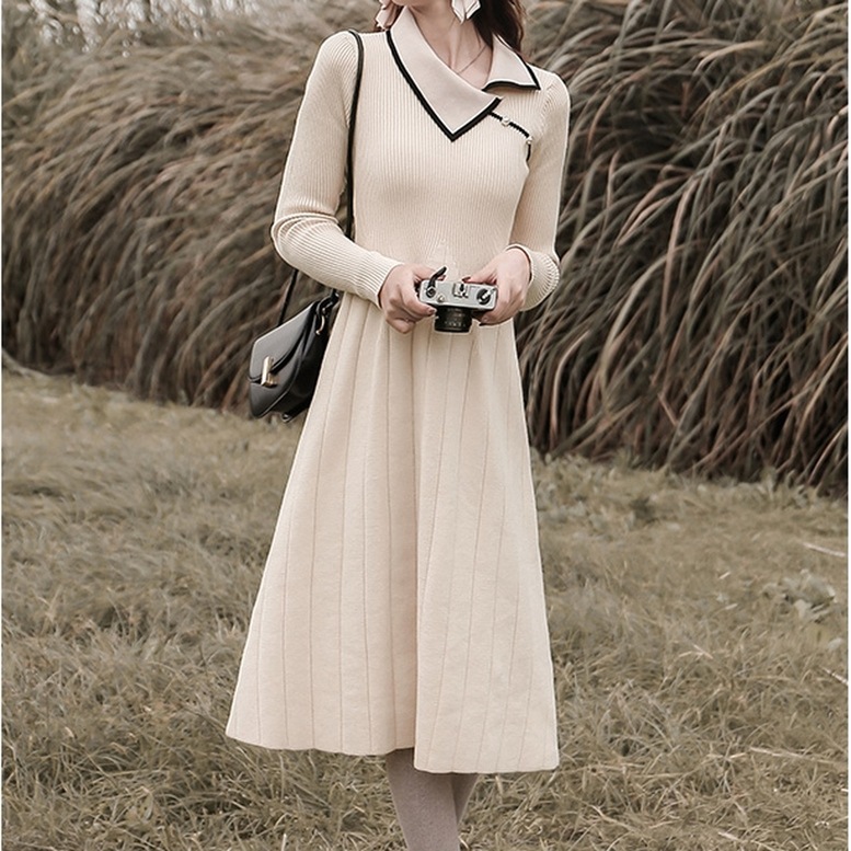 ワンピース レディース リブニットプリーツワンピース プリーツ 切り替え カットソー ドレス 襟付き