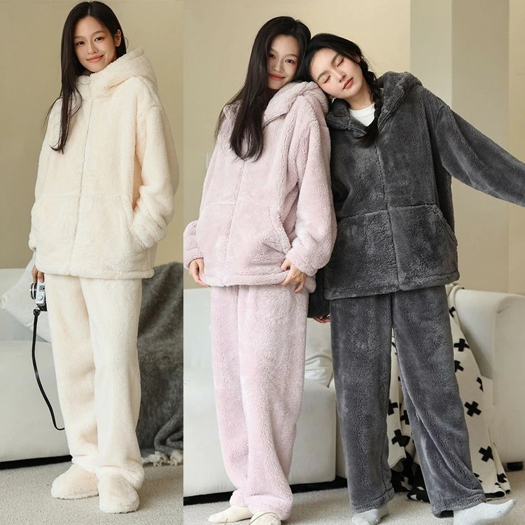 ルームウェア 部屋着 上下セット レディース 冬 厚手 暖かい 防寒 保温 寒さ対策 もこもこ 柔らかい フード付き パジャマ あったか セットアップ ふんわり かっこいい レディースファッション カ