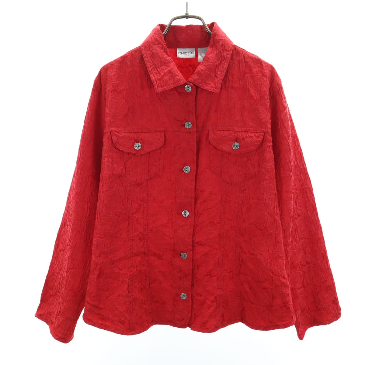 CHICOS チコズ 00s オールド 長袖 ジャガード ワークシャツ 1 レッド バラ総柄 レディース 古着