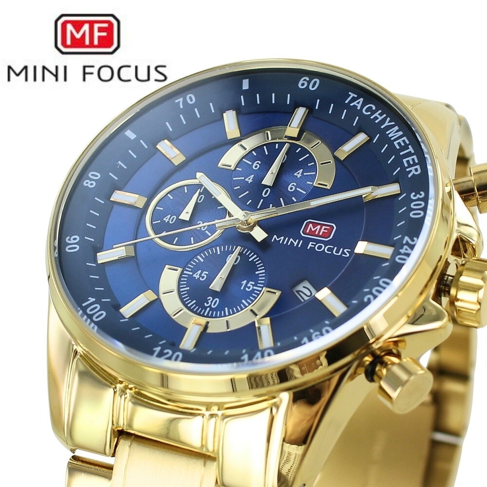 正規品 MINI FOCUS メンズ腕時計 クロノグラフ クォーツ 日付表示 ステンレスバンド かっこいい 腕時計 手表 メンズ 父の日 ゴールド ネイビーブルー 高級感 おしゃれ ビジネス カジュア