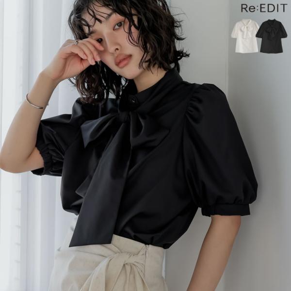 ブロード半袖ボウタイブラウス[mb]
