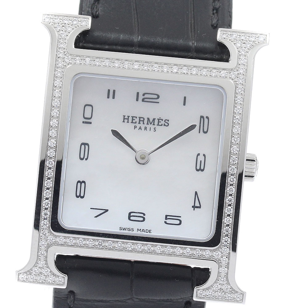 エルメス HERMES HH1.531 Hウォッチ ダイヤベゼル ホワイトシェルダイアル クォーツ レディース 美品 箱・保証書付き_946947【中古】