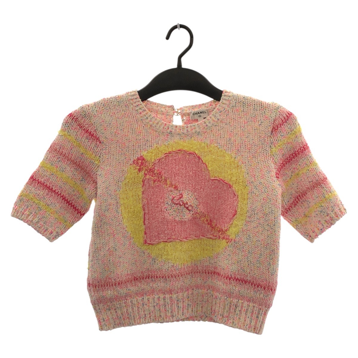 超美品 24SS ハートモチーフ ココマーク サイズ34 ピンク イエロー ウール P76579K11042 短丈 半袖ニット 半袖シャツ カットソー レディース 504595