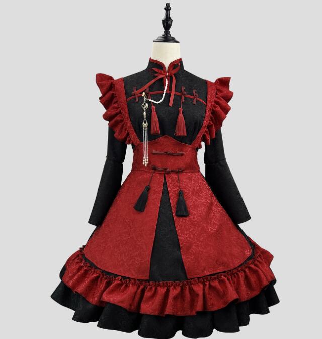 新规入荷続々 特別割引価格チャイナ風メイドドレス ミモレ丈ワンピースチャイナ風 長袖喫茶店萌え萌え 髪飾り Lolitaミモレ丈 ロリータ ワンピースメイド お姫様 ロリータドレス女性 大人 コスチュ