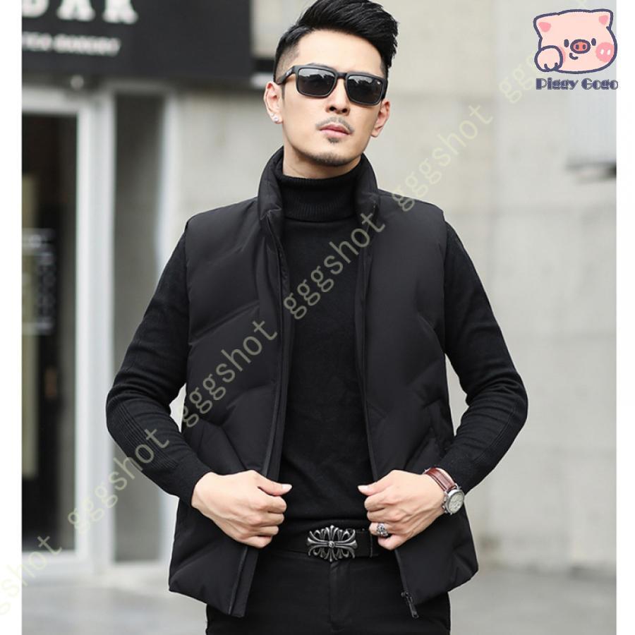 冬の特恵メンズ ダウンベスト 中綿ベスト ダウンジャケット コート ベスト トップス ショート丈 光沢感 おしゃれ 厚手 軽量 防寒 防風 秋冬 袖なし スタンドカラー