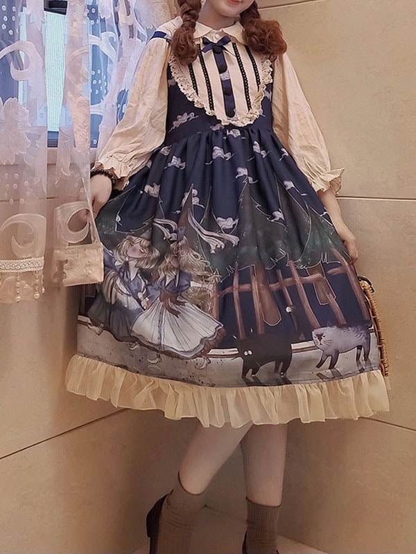 【短納期】クラシックロリータJSKドレスフォレストコヴナントプリントフリルボウディープブルーロリータジャンパースカート