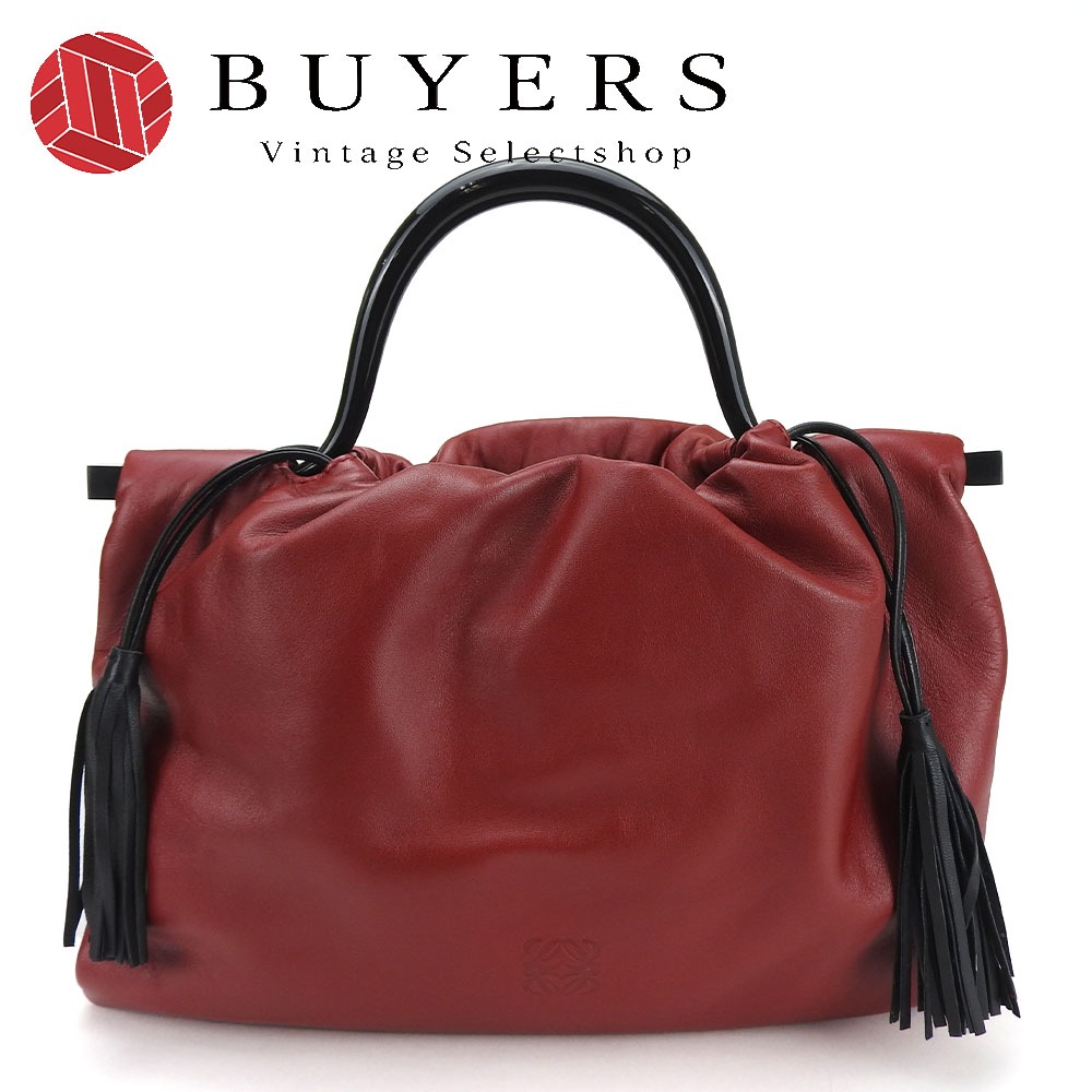 中古 ロエベ ハンドバッグ ナッパレザー アナグラム 革 巾着 フリンジ レッド ブラック 赤 黒 シック 女性 レディース LOEWE hand bag leather red black