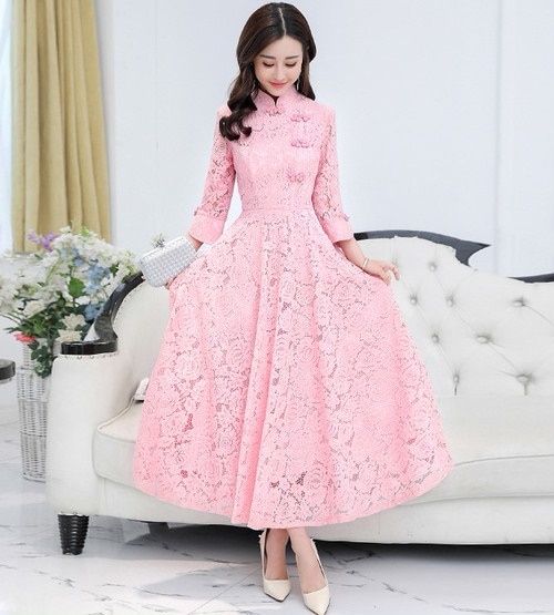 A1101.チャイナドレス風シースルーレースフレアワンピース（ピンク）2019 春夏 sale ドレス エレガント お呼ばれ 結婚式 披露宴 パーティー 女子会 レストラン デート 100,000円