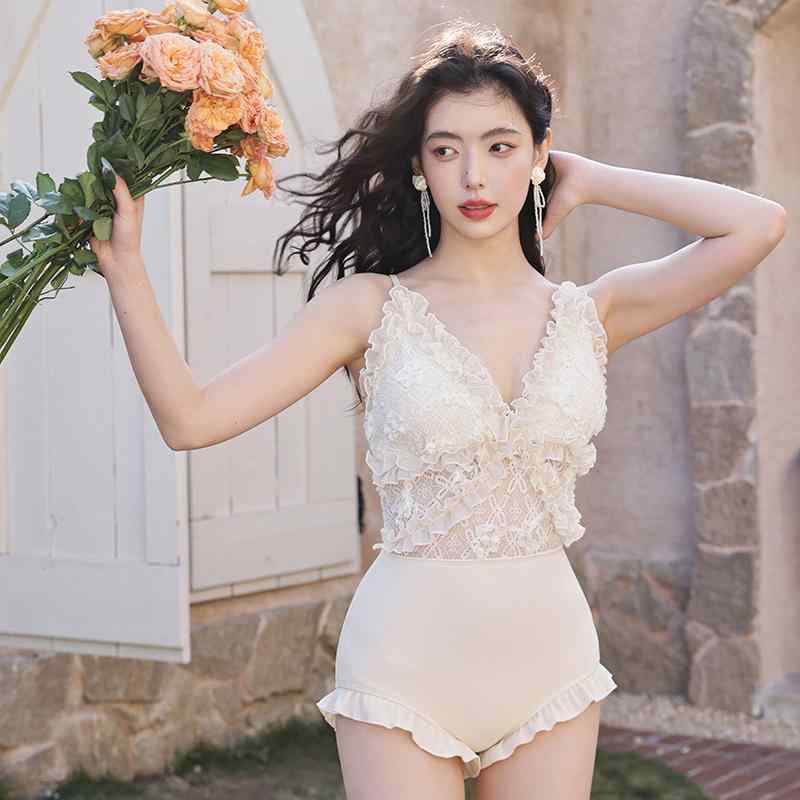 水着 レディース ワンピース 夏 プール ビーチ 海辺 レース フリル バックオープン 日焼け防止 長袖 薄手 アイボリー 黒 大人 上品 おしゃれ