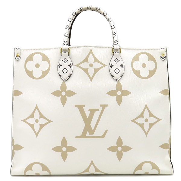 ルイヴィトン トートバッグ オンザゴーGM レザー モノグラムジャイアントキャンバス ホワイト×カーキ ゴールド金具 白 緑 ベージュ ショルダー M44571 RFID【中古】