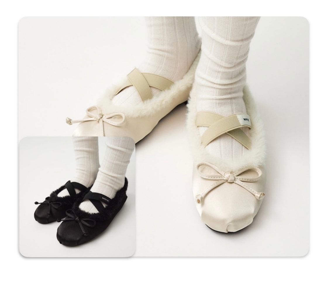 Marithe)NU WEEK CROSS BANDING RIBBON FUR FLAT SHOESクロス