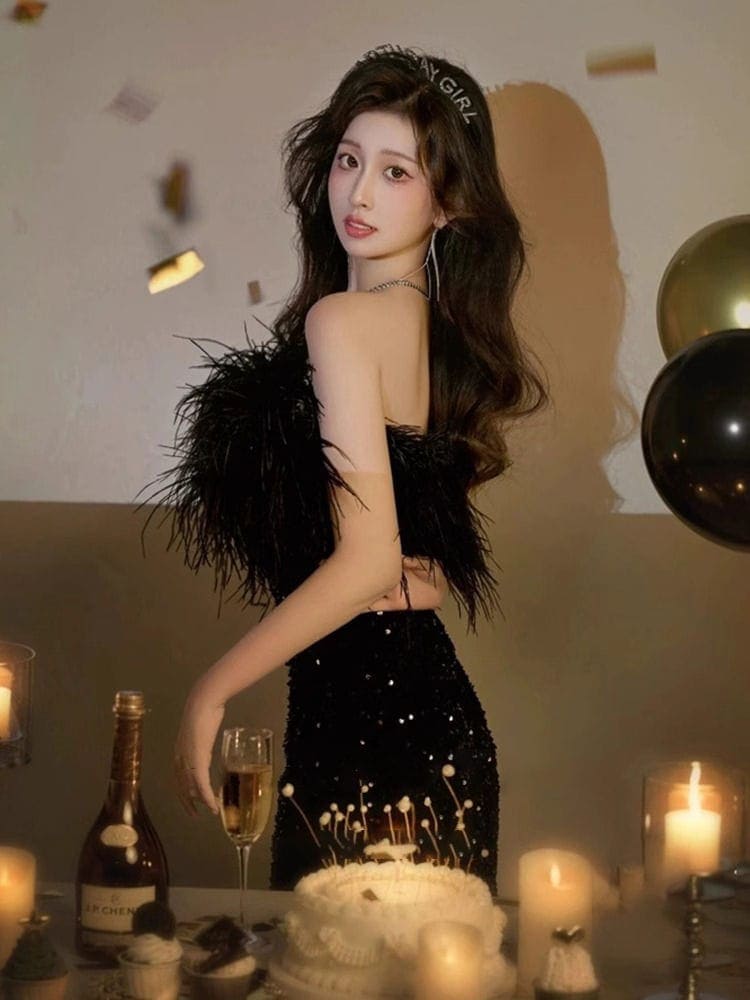 女性のためのブラックストラップレス大人の誕生日パーティードレス2025ハイエンドセクシーローブワンピースドレスドレス 5,952円