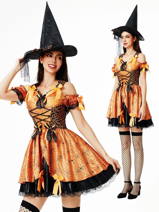 ハロウィン コスプレ 衣装 大人 ハロウィンドレス 膝丈 カボチャドレス オレンジ レディース ハロウィン コスチューム 魔女 精霊 幽霊 お化け 変身仮装 2点セット ドレス＋帽子