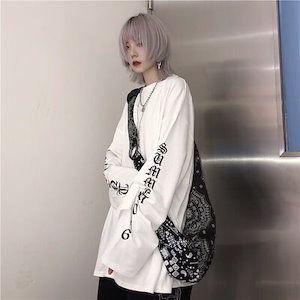 袖ロゴ Tシャツ 韓国 オルチャン ストリート ダンス 衣装 K-POP 原宿系 長袖 ロンT トッ