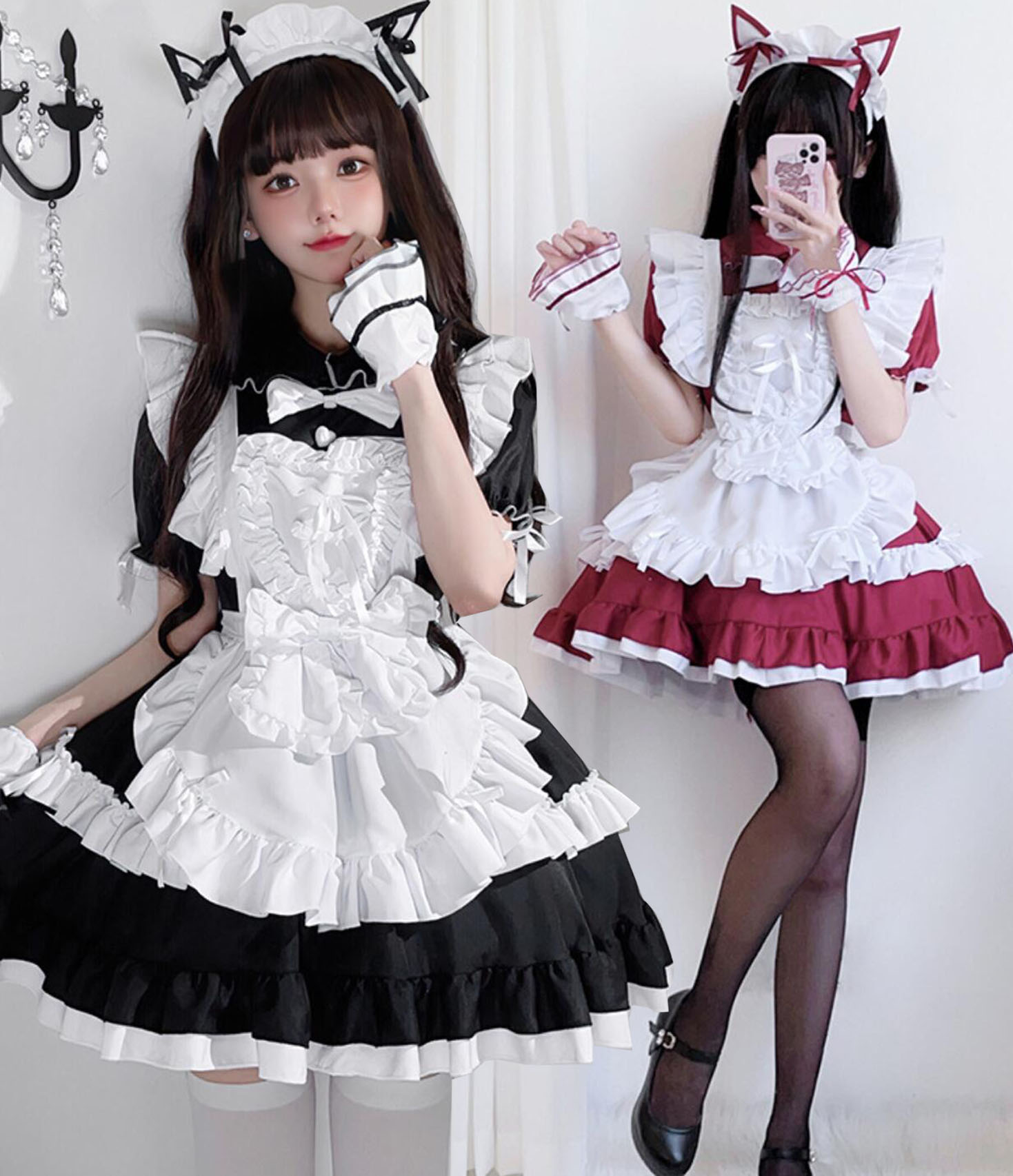 迅速な出荷 ゴシック メイド服 レディース 大人 メイドコスチューム 半袖 ショート丈 膝丈 ロリータ ワンピース エプロンドレス 衣装5点セット 裾フリル 萌え萌え 可愛い ロリータ服 ハロウィン