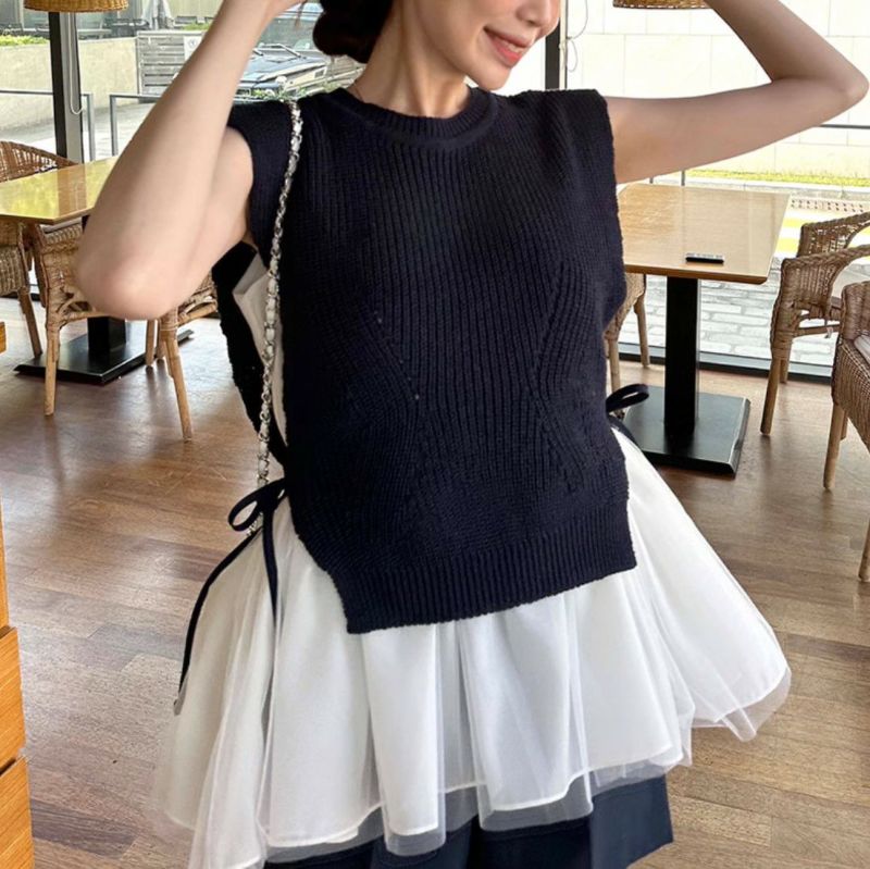 2024 SS 新作 3color 2set ニット レイヤード チュール トップス