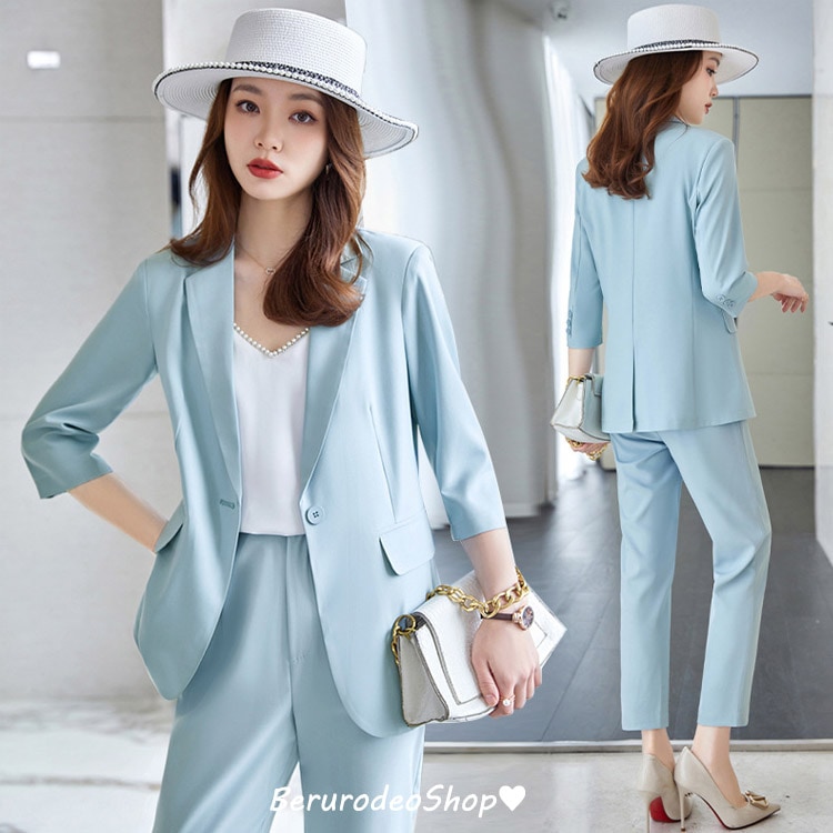 パンツスーツ レディース 夏 ブルー ブラック ピンク イエロー カジュアルスーツ 7分袖 薄手 セレモニースーツ 30代 40代 2点セット 大きいサイズ カラースーツ 細身 着痩せ S M L X