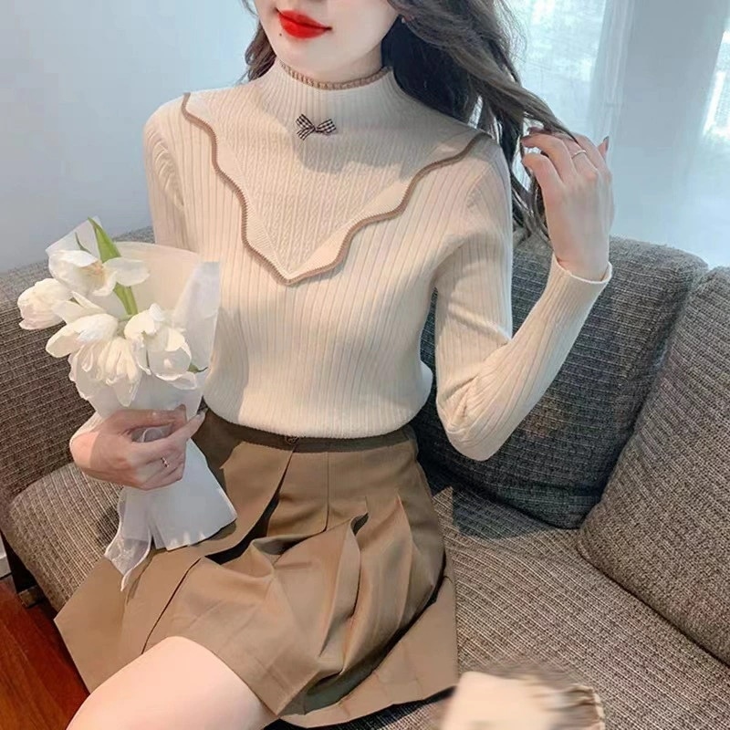 シンプル ニット ハイネック 薄手ニット 春秋冬 大人 無地 フリル リボン レディース オフィス カジュアル ニットトップス 小顔効果 伸縮性 着痩せ効果 暖かいニット 長袖 ボートネック カシュク