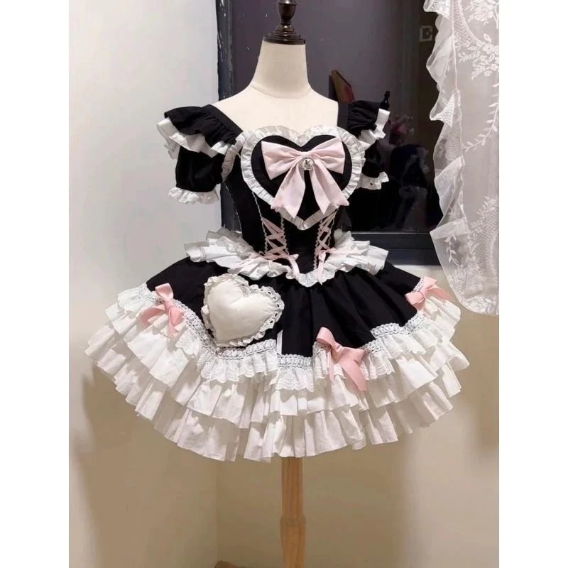 日系ロリータボリュームミニスカート キュート半袖リボン付きワンピース コスプレ