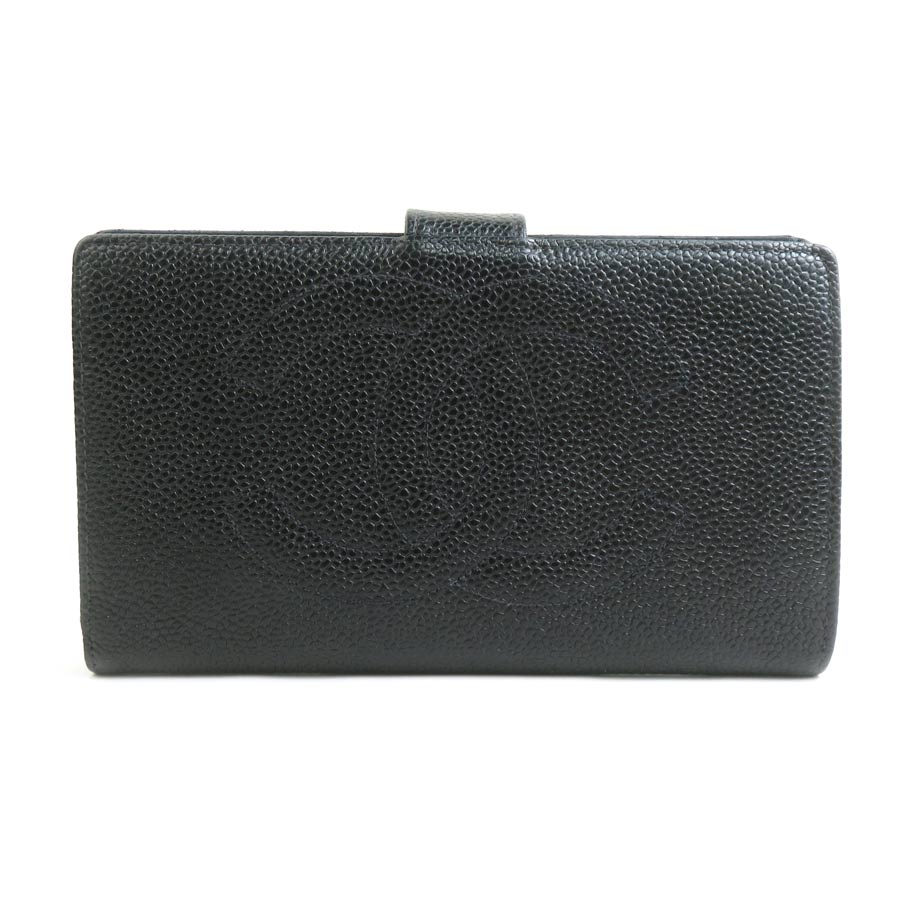 シャネル CHANEL 二つ折り財布 キャビアスキンレザー ブラック ゴールド レディース e61404a