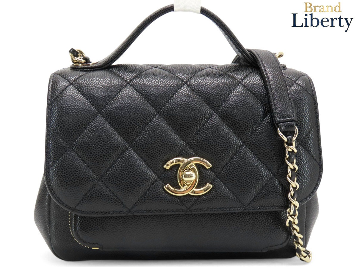 超美品シャネルCHANELマトラッセココマークキャビアスキンビジネスアフィニティスモール2WAYトップハンドルバッグハンドバッグチェーンショルダーバッグセミショルダーバッグブラックシャンパンゴールド金