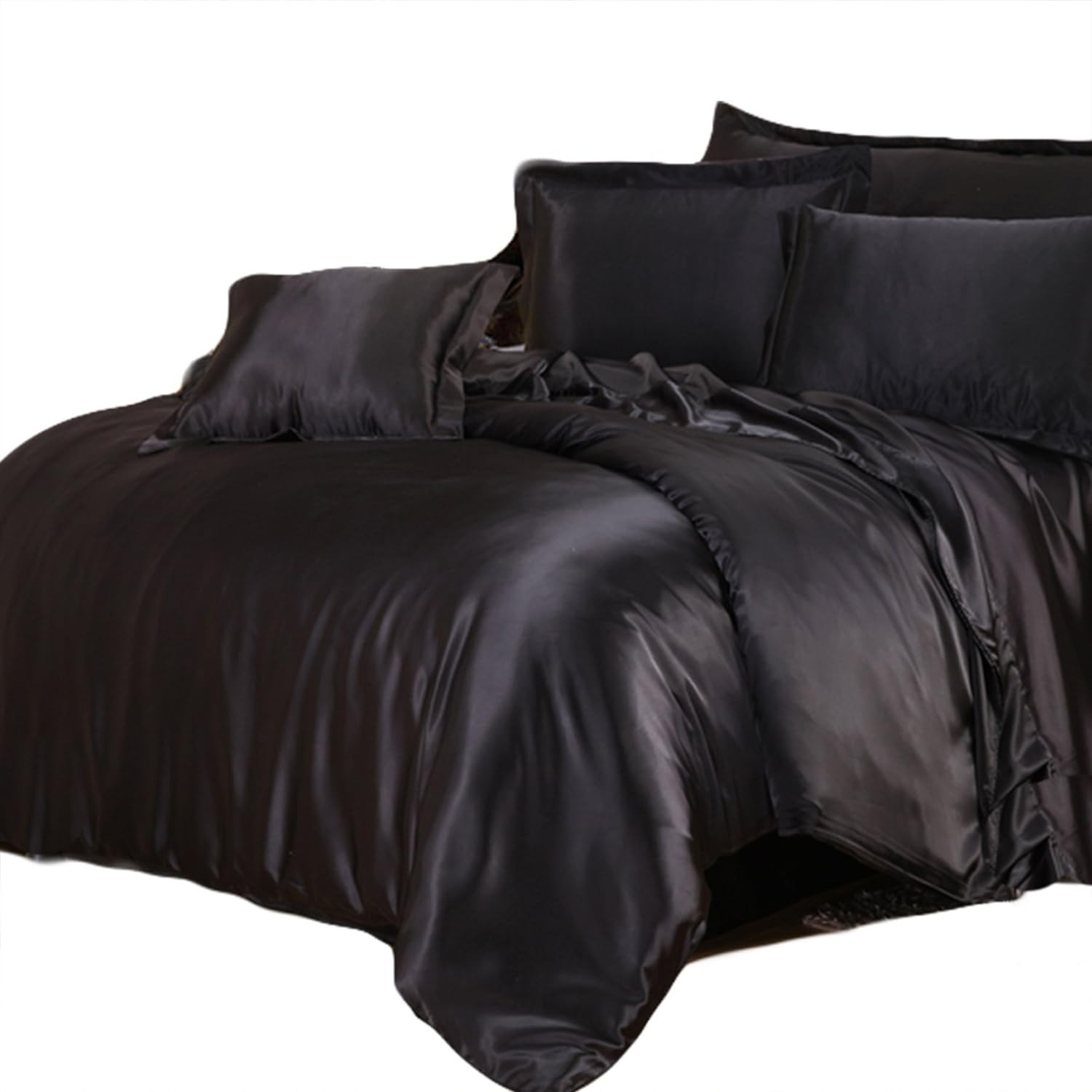 布団カバー4点セット セミダブル 無地 シルクと大豆タンパク繊維 (掛け布団カバーボックスシーツ枕カバー) ブラック [並行輸入品]