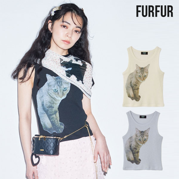 【即納】ファーファー FURFUR トップス 25春夏 【上國料萌衣コラボ】Seiraプリントタンクトップ ミドル丈 ノースリーブ コラボ 猫 rwct252056