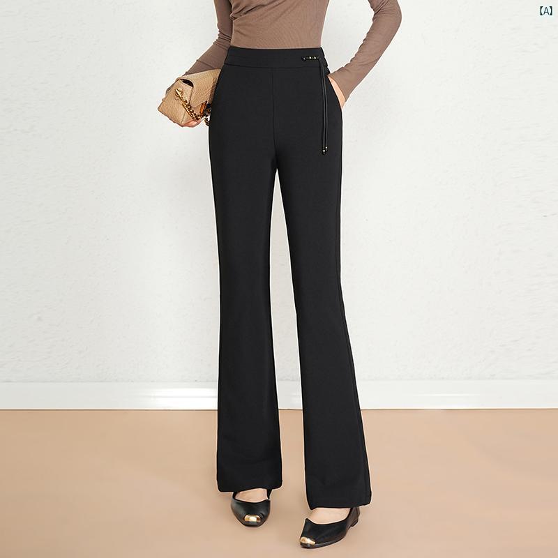 フレアパンツ レディースパンツ ハイウエスト スリム 春秋 ブラック ズボン 耐久性 ウエスト ドレープ カジュアル ブーツ カット パンツ