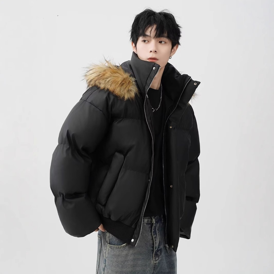 冬新作人工毛皮襟マウンテンカービング増厚暖かい通勤コートパーカー中綿ジャケットメンズブレッドジャケットトレンドブランド
