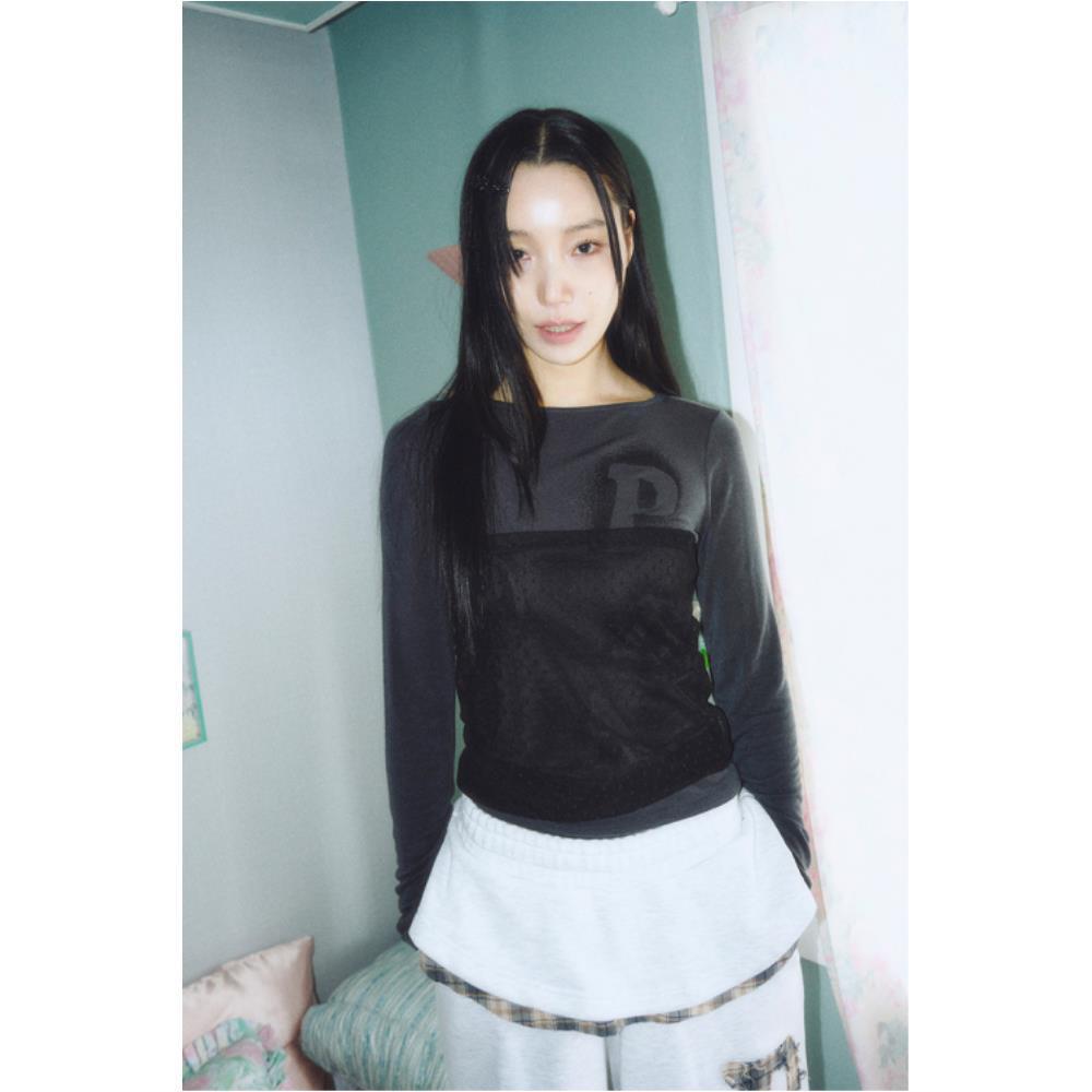 PRENDA DOT SEE THROUGH BUSTIER LAYERED LONG SLEEVE CHARC