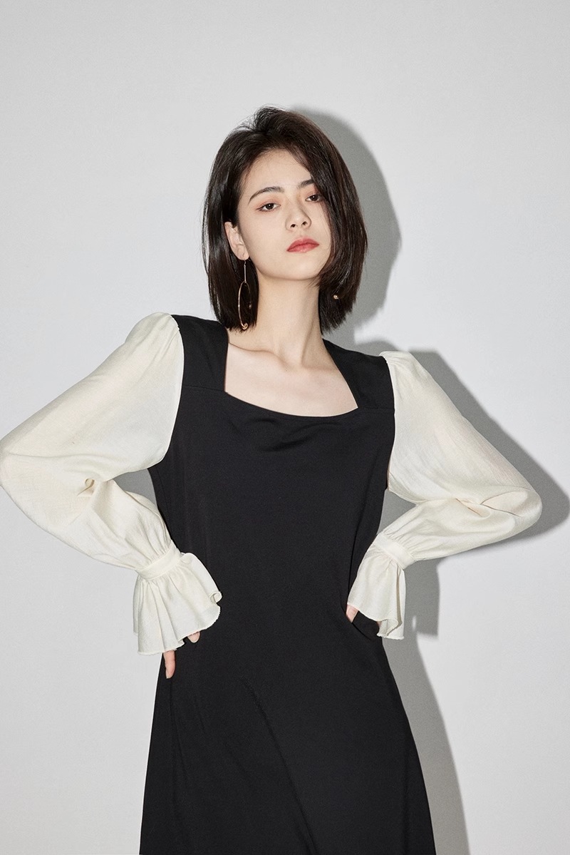 フレンチ ドレス オリジナル デザイン スクエアネック ハイウエスト 長袖 通勤 春 婦人服 個性的 ワンピース 膝丈 ひざ丈 膝下 袖あり 長袖 スクエアネック 襟なし 大人可愛い きれいめ