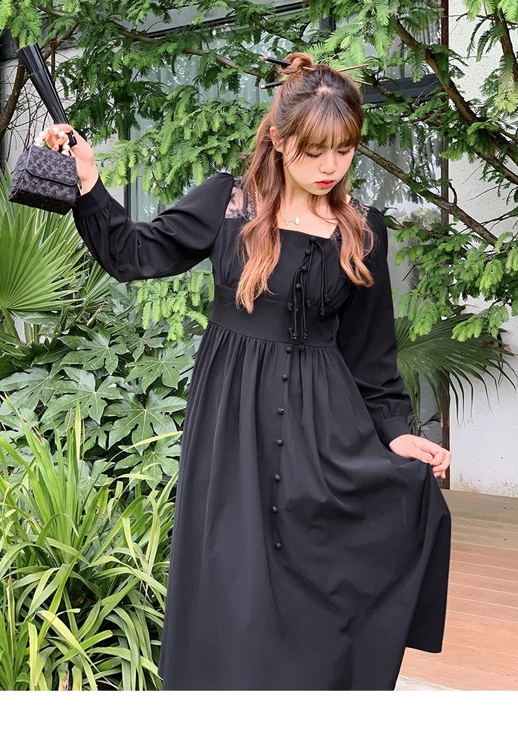 黒 プラスサイズ ドレス ハイ メッシュ スクエアカラー ウエスト シンプル 個性的 ワンピース ロング ロング丈 袖あり 長袖 スクエアネック 襟なし 大人可愛い きれいめ シンプル 大人 上品 12,900円