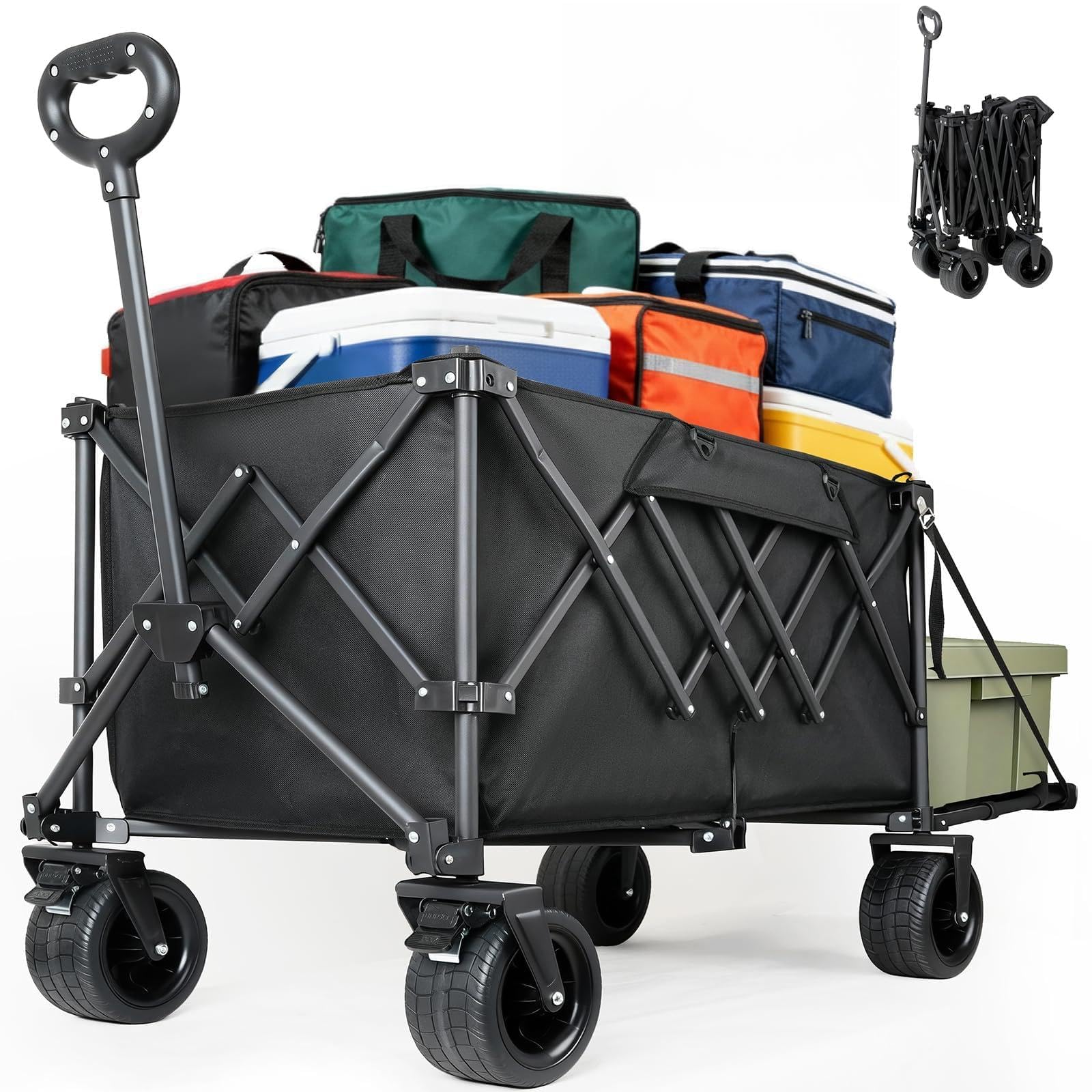 キャリーワゴン 特大容量300L 高耐荷重200kg 【荷室の長さ約108cm】長物対応 【極太ノーパンクタイヤ ブレーキ付き ベアリング内蔵】 ワンタッチ開閉 自立収納 アウトドアワゴン キャンプ・