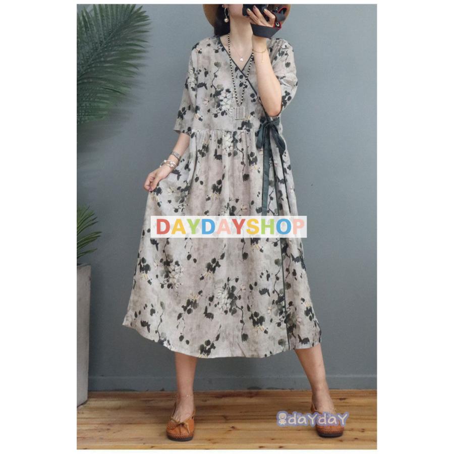 ワンピース ロングワンピース コットンリネン 綿麻 花柄 総柄 プリント リゾート 半袖 大きいサイズ カジュアル 大人 春 夏 体型カバー おしゃれ