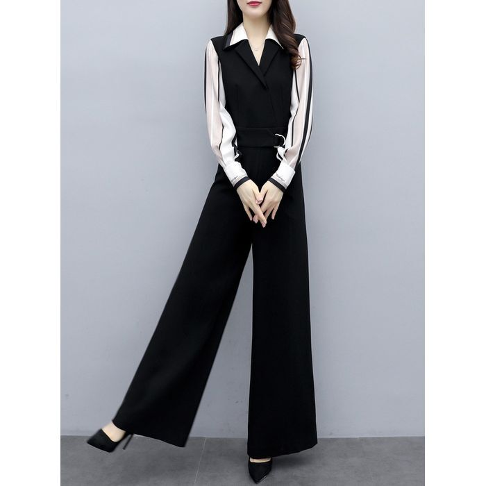 オールインワン ドッキングシャツ 袖あり 長袖 ストライプ 襟付き 開襟 デザイン ウエストマーク 美ライン ニュアンス ベルト かわいい 大人可愛い きれいめ シンプル カジュアル 大人 上品