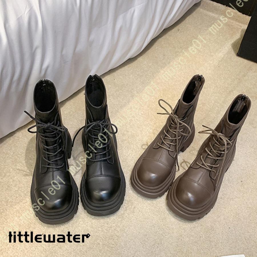 ブーツ レディース バックファスナー ショートブーツ 厚底ブーツ 編み上げブーツ ハイカット 歩きやすい レースアップブーツ 黒 太ヒール レースアップ