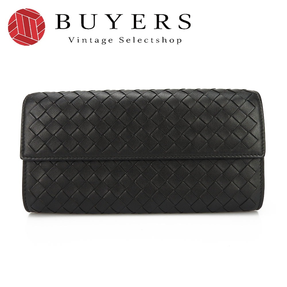 中古 ボッテガヴェネタ BOTTEGA VENETA イントレチャート 二つ折り長財布 レザー 編み込み ブラック 黒 小物 ユニセックス メンズ レディース 女性 男性 Long Wallet In