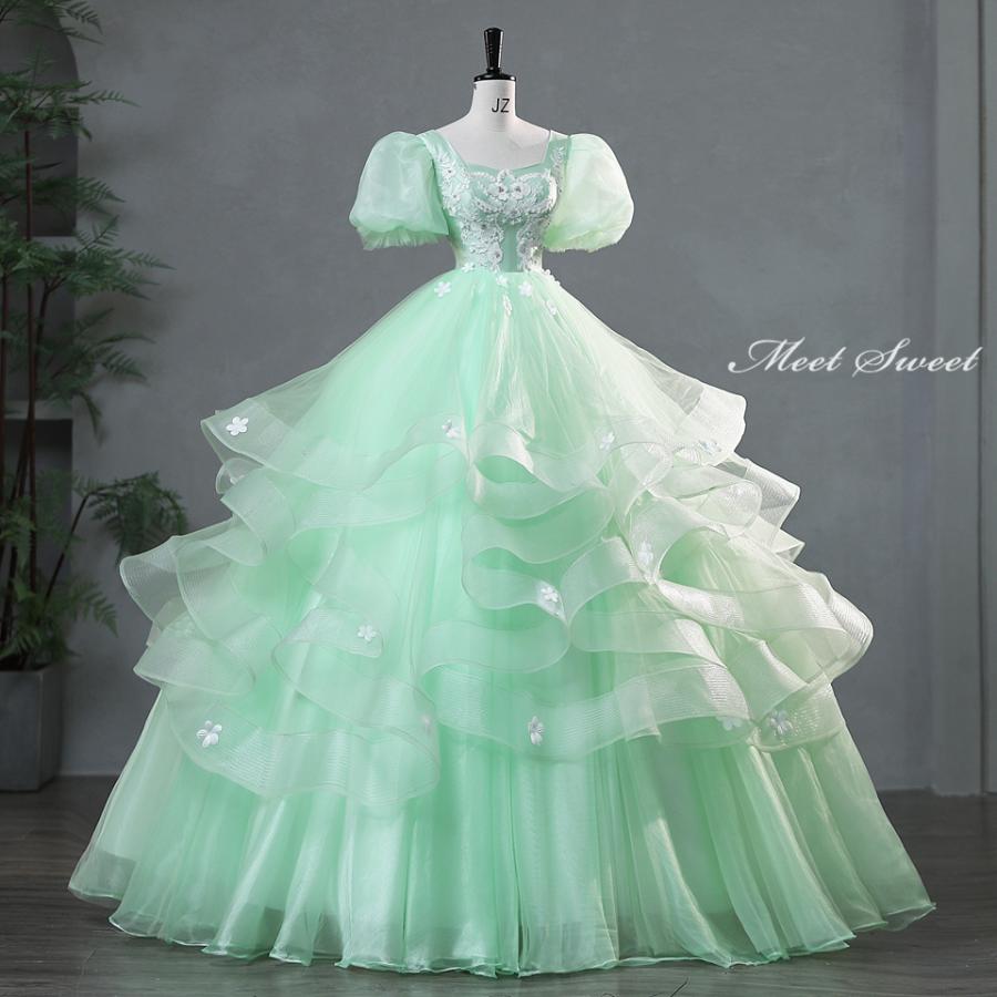 カラードレス 編み上げ グリーン パフスリーブ ロングドレス 結婚式 二次会 発表会 演奏会 ウェディングドレス ウエディングドレス 花嫁 前撮り プリンセスドレス イブニングドレス コンサート パー