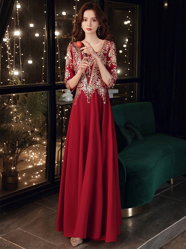 SNSで話題カラードレス ウェディングドレス ウエディングドレス イブニングドレス ワインレッド 袖あり ロング ファスナー 発表会 演奏会 結婚式 二次会 花嫁パーティードレス ロングドレス カクテ