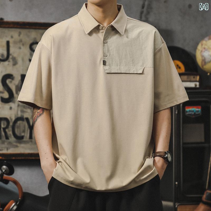 ポロシャツ メンズ アメリカ 高級 半袖 夏 スタイル 大きいサイズ 対照的 カラー Tシャツ ドロップスリーブ
