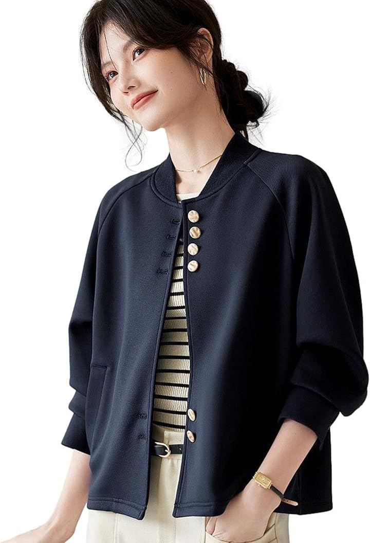 ジャケット ライトアウター レディース スタジャン ラグランスリーブ 金ボタン シンプル 無地 カフス シック 春 秋 イージーケア オーソドックス コンサバ 控え目 低身長 ピケ(L) 4,759円
