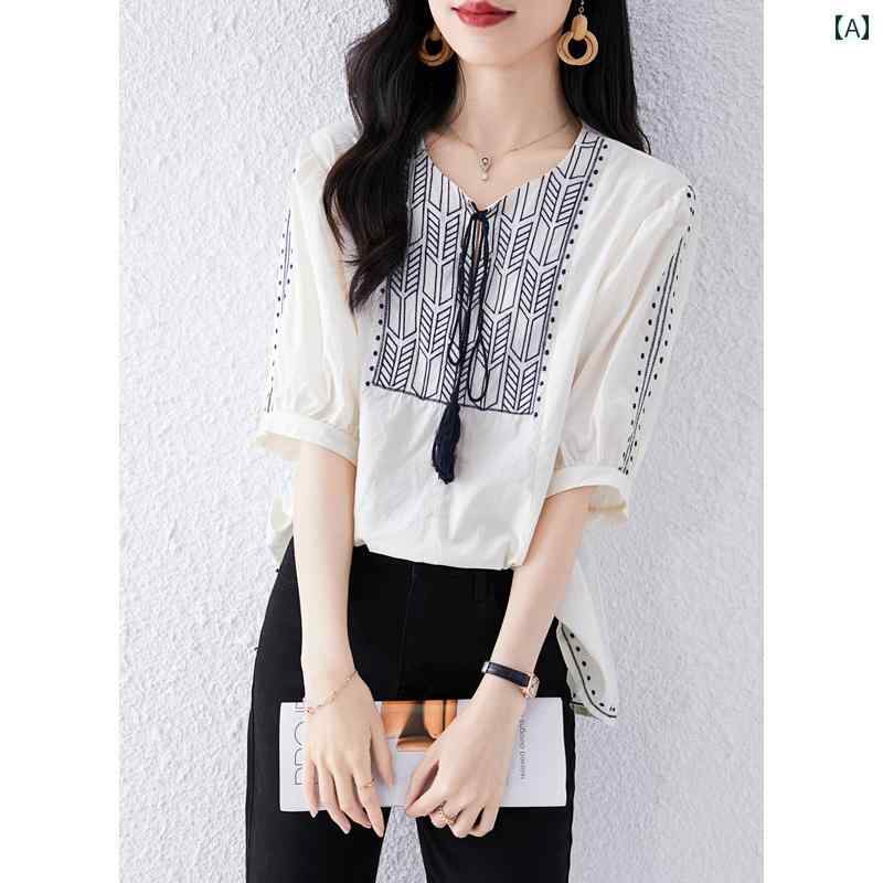 トップス レディース おしゃれ 上品 通勤 オフィス カジュアル 夏 タッセル 刺繍 カジュアル コットンシャツ スリーブ ホリデー 薄手 涼しい 涼しい